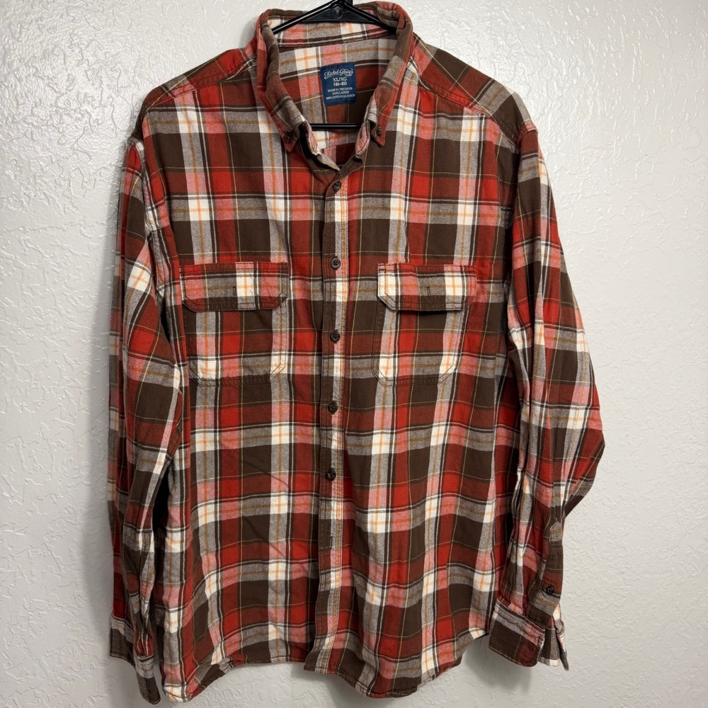 Faded Glory Mens XL Brown Red Plaid Flannel Button Down Shirt Long Sleeve Cotton